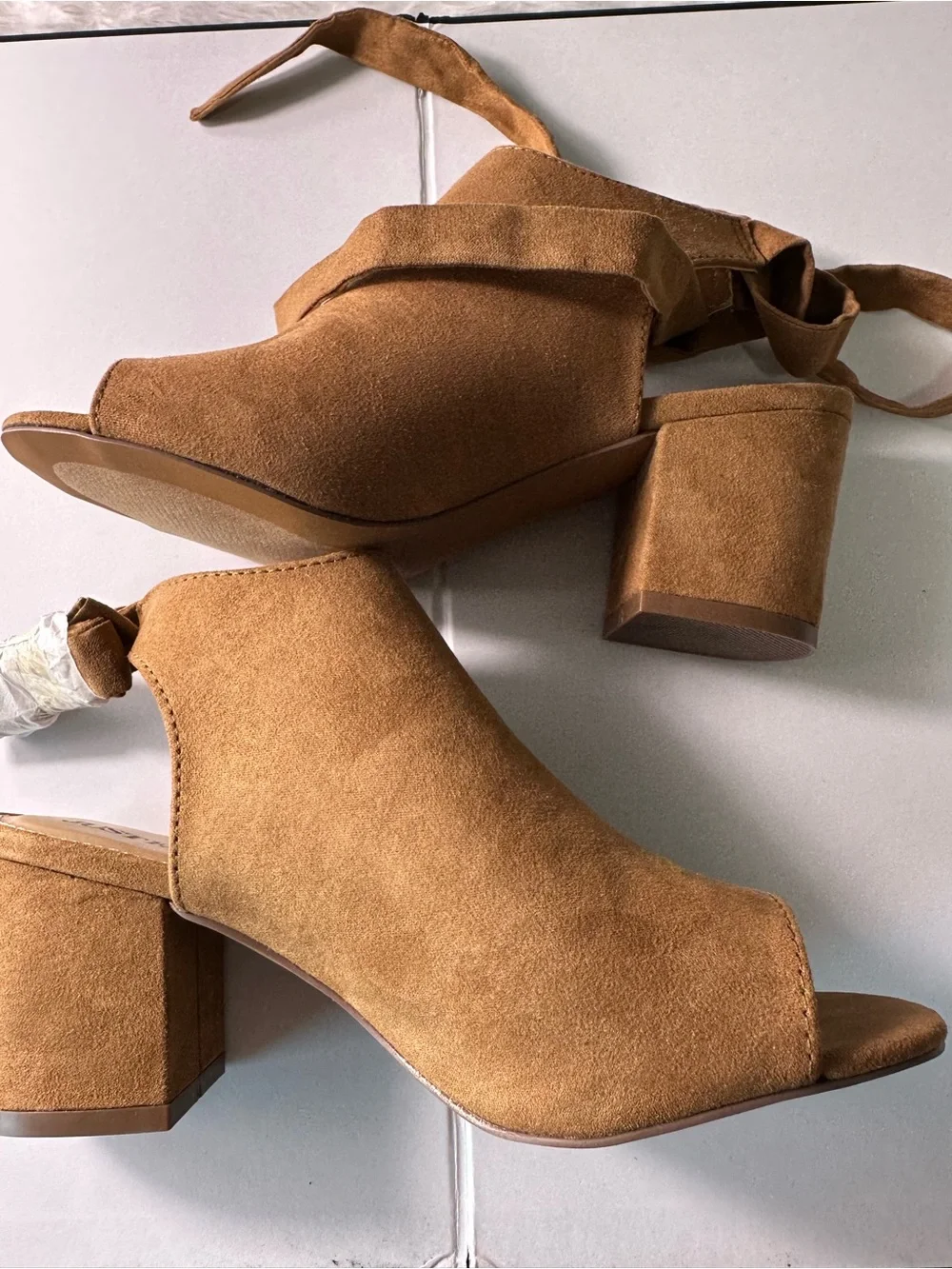 JustFab Tan Suede Peep-Toe Ankle Tie Mules - Picture 7 of 12